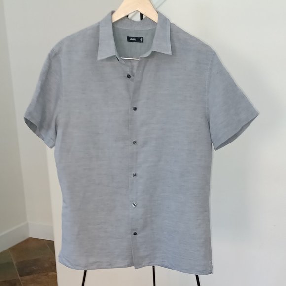 Vince Classic Fit Linen Short Sleeve Button Down Light Grey Shirt - Picture 2 of 5